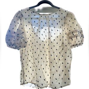 NWT Madewell White Blouse with Puff Sleeves and Black Polka Dot style detailing